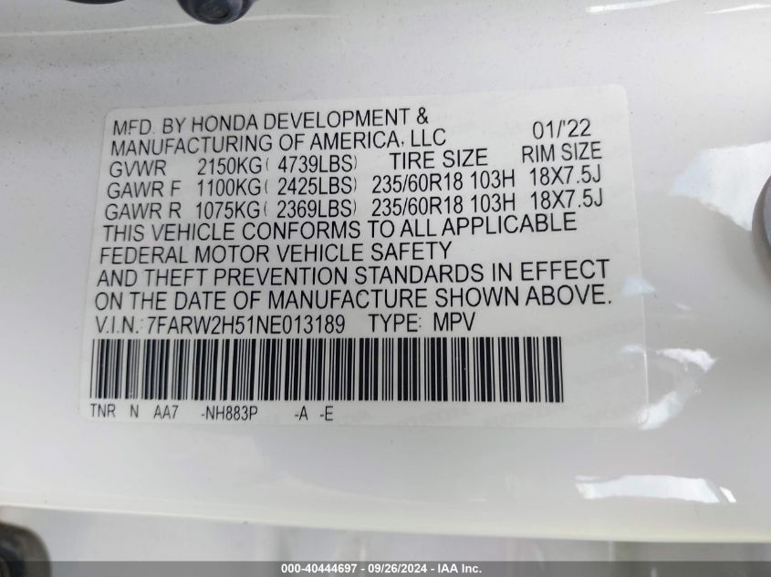 2022 Honda Cr-V Awd Ex VIN: 7FARW2H51NE013189 Lot: 40444697
