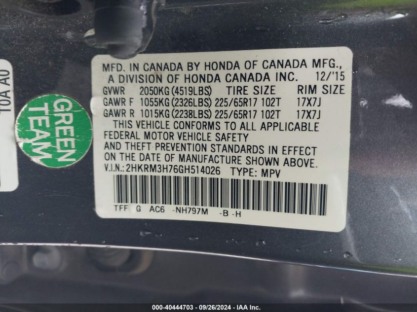 2HKRM3H76GH514026 2016 Honda Cr-V Ex-L