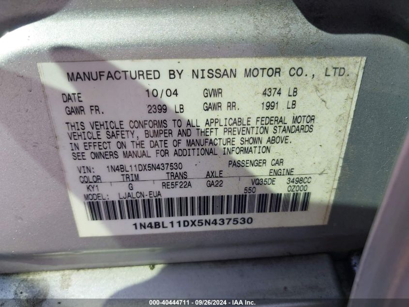 2005 Nissan Altima 3.5 Se VIN: 1N4BL11DX5N437530 Lot: 40444711