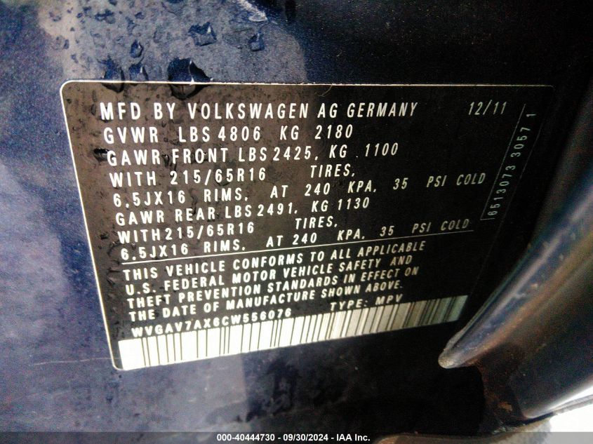 WVGAV7AX6CW556076 2012 Volkswagen Tiguan S