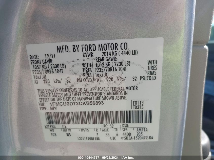 1FMCU0D72CKB56893 2012 Ford Escape Xlt