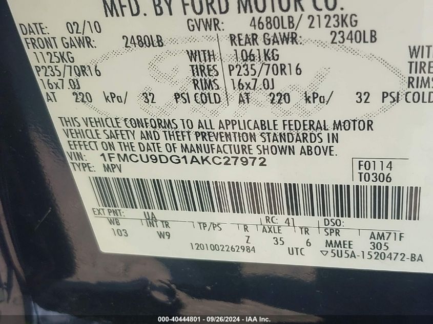 1FMCU9DG1AKC27972 2010 Ford Escape Xlt