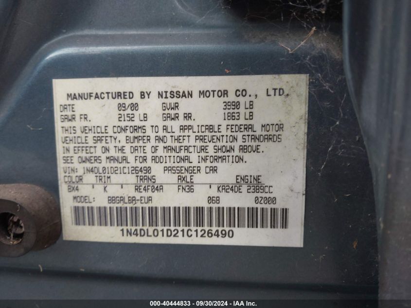 1N4DL01D21C126490 2001 Nissan Altima Xe/Gxe/Se