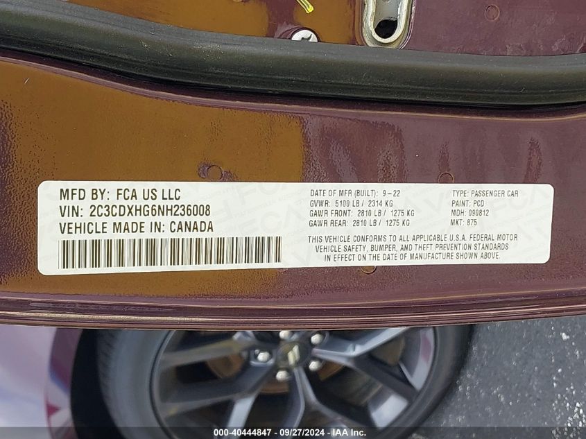 2022 Dodge Charger Gt Rwd VIN: 2C3CDXHG6NH236008 Lot: 40444847