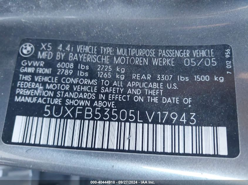 5UXFB53505LV17943 2005 BMW X5 4.4I