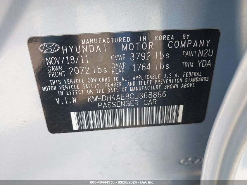 KMHDH4AE8CU368866 2012 Hyundai Elantra Gls (Ulsan Plant)