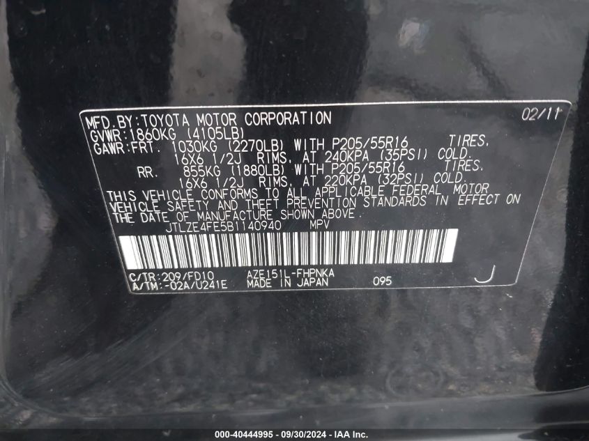 2011 Scion Xb Xb VIN: JTLZE4FE5B1140940 Lot: 40444995