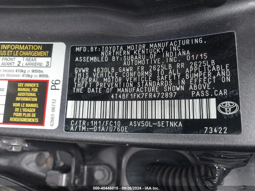 4T4BF1FK7FR472897 2015 Toyota Camry Le/Xle/Se/Xse