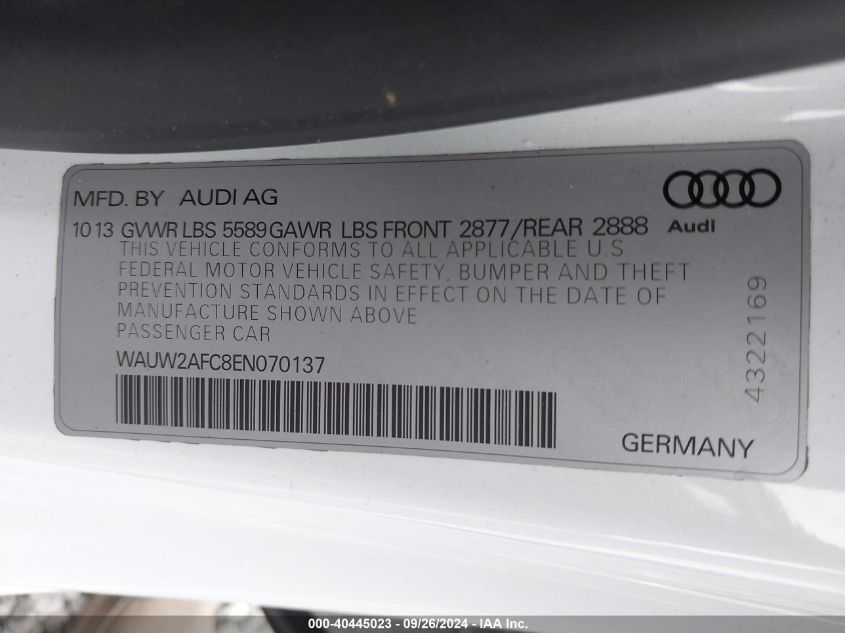 2014 Audi S7 Premium VIN: WAUW2AFC8EN070137 Lot: 40445023