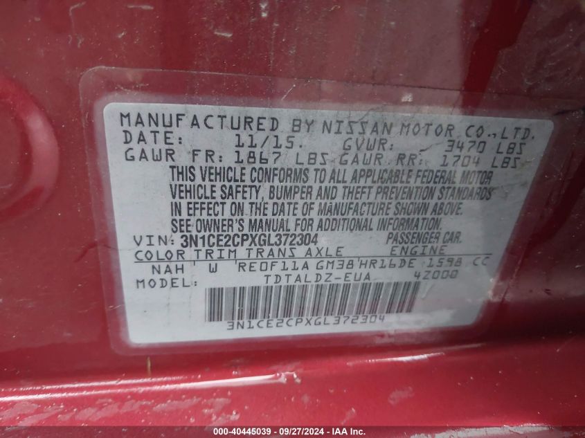 3N1CE2CPXGL372304 2016 Nissan Versa Note Sv