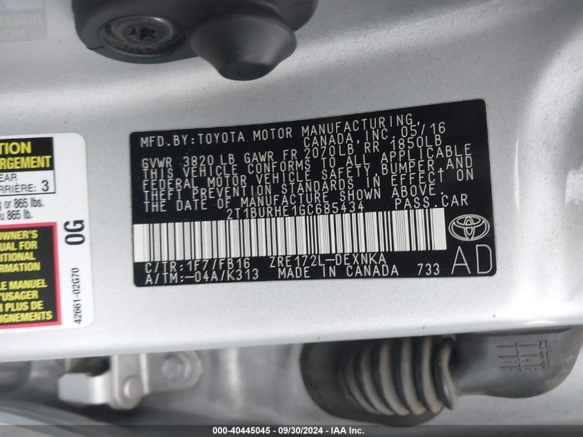 VIN 2T1BURHE1GC685434 2016 Toyota Corolla, LE no.9