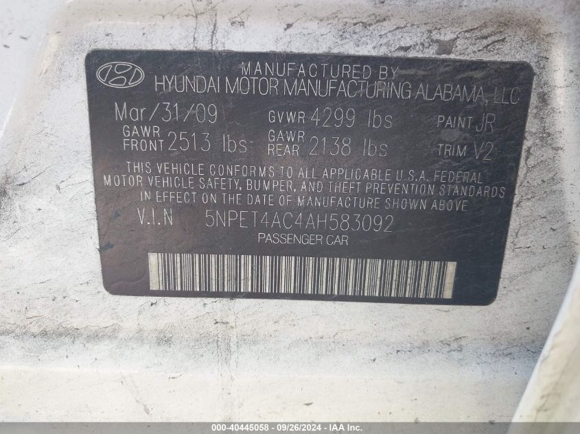 5NPET4AC4AH583092 2010 Hyundai Sonata Gls