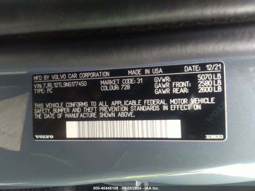 7JRL12TL9NG177450 2022 Volvo S60 B5 Inscription