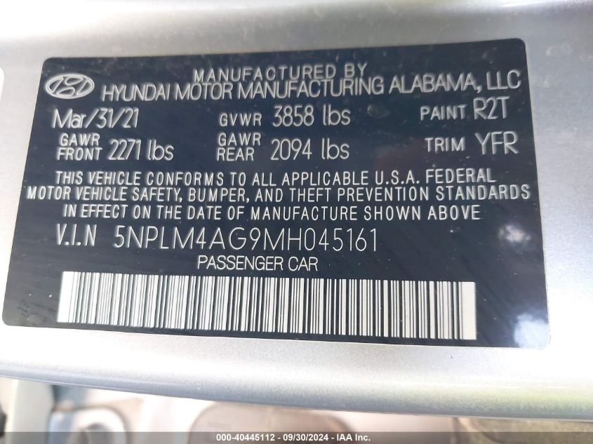 2021 Hyundai Elantra Sel VIN: 5NPLM4AG9MH045161 Lot: 40445112