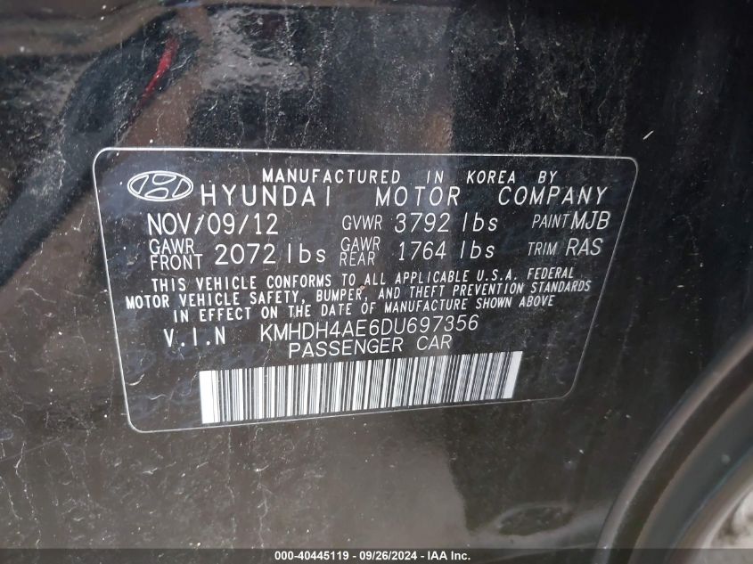 2013 Hyundai Elantra Gls/Limited VIN: KMHDH4AE6DU697356 Lot: 40445119