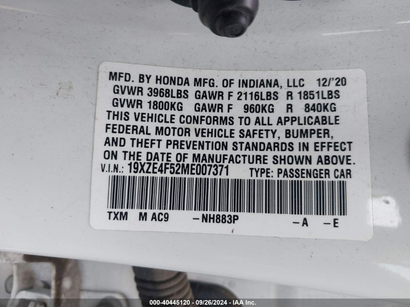 2021 Honda Insight Ex VIN: 19XZE4F52ME007371 Lot: 40445120