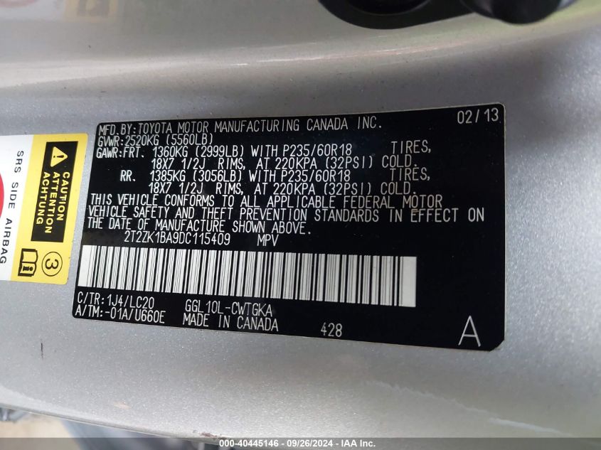 2T2ZK1BA9DC115409 2013 Lexus Rx 350