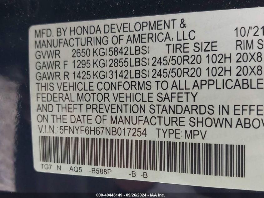 VIN 5FNYF6H67NB017254 2022 HONDA PILOT no.9