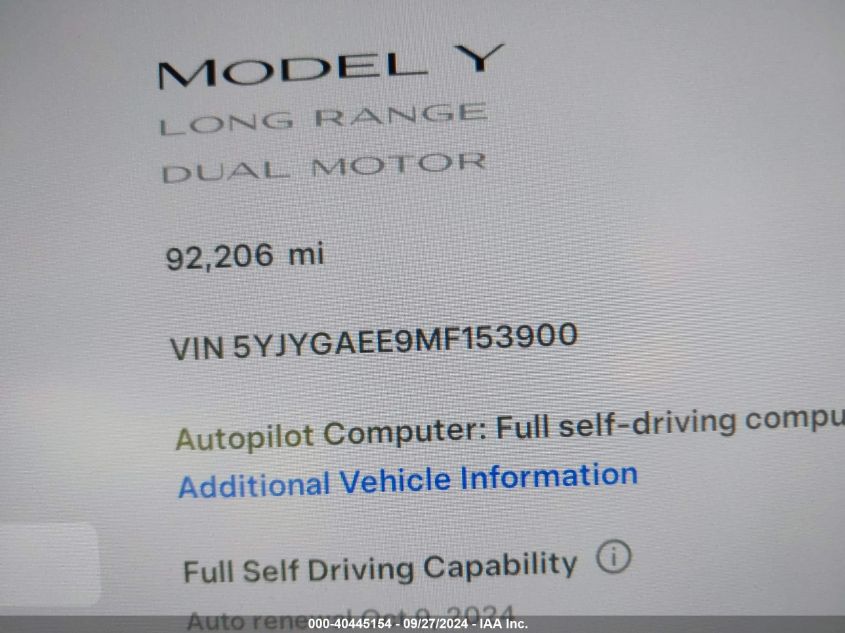 2021 Tesla Model Y Long Range Dual Motor All-Wheel Drive VIN: 5YJYGAEE9MF153900 Lot: 40445154