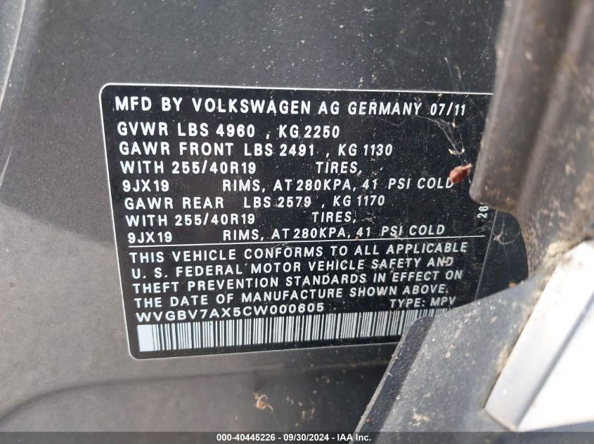 WVGBV7AX5CW000605 2012 Volkswagen Tiguan Sel