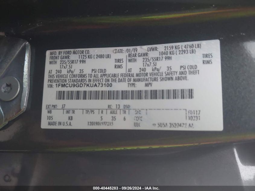 1FMCU9GD7KUA73100 2019 Ford Escape Se