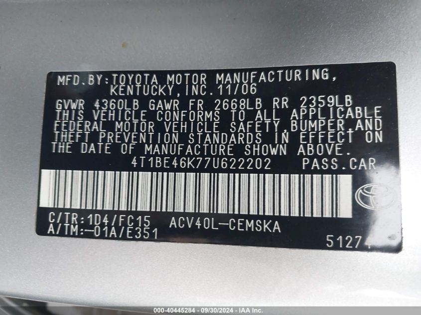 4T1BE46K77U622202 2007 Toyota Camry Se