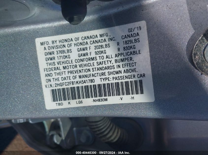 2HGFC2F81KH541780 2019 Honda Civic Sport