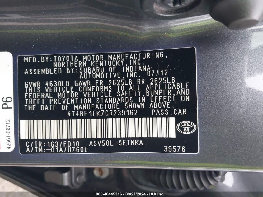 4T4BF1FK7CR239162 2012 Toyota Camry Le