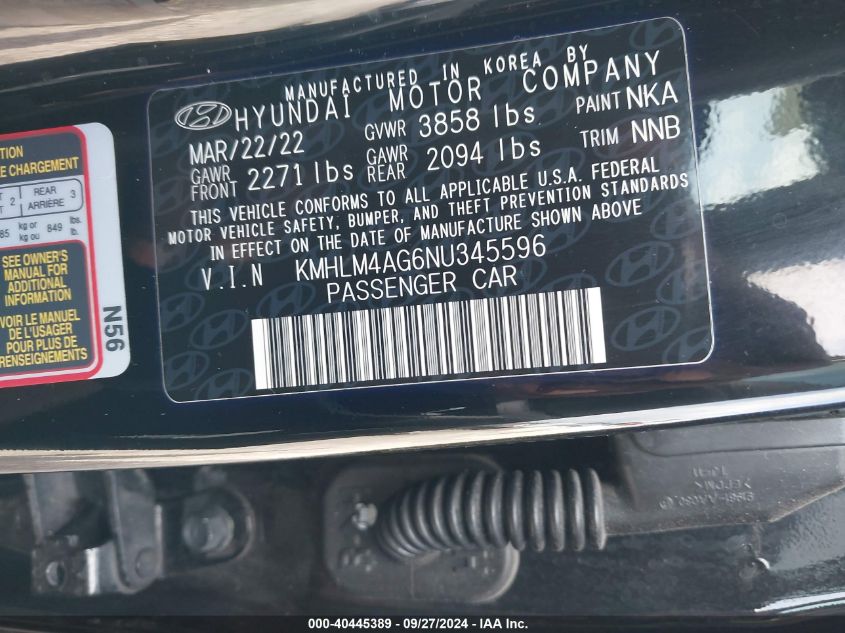 KMHLM4AG6NU345596 2022 Hyundai Elantra Sel