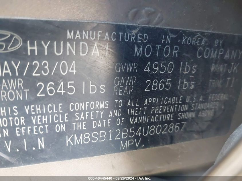 KM8SB12B54U802867 2004 Hyundai Santa Fe