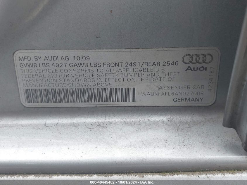 2010 Audi A4 2.0T Premium VIN: WAUKFAFL6AN027008 Lot: 40445482