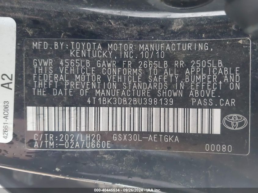 4T1BK3DB2BU398139 2011 Toyota Avalon Limited