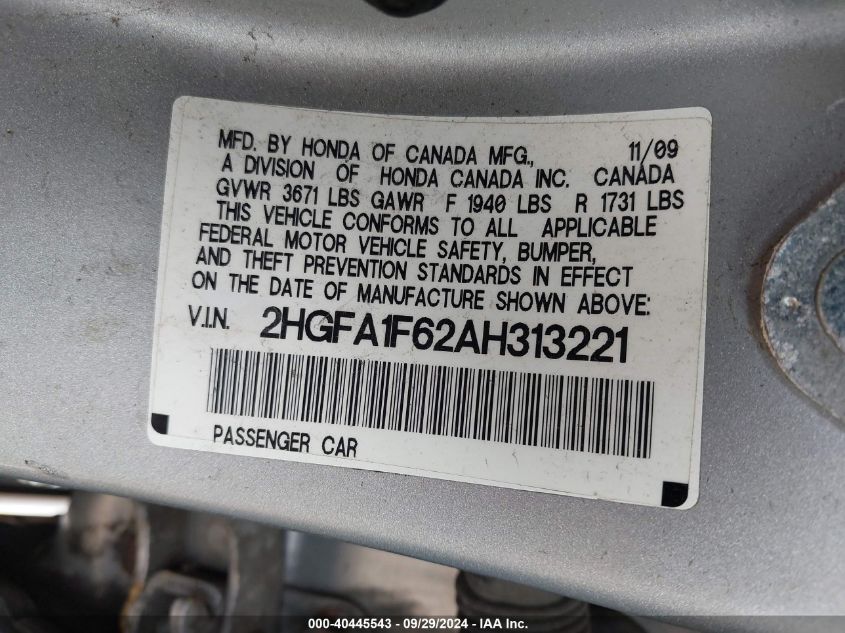 2HGFA1F62AH313221 2010 Honda Civic Lx-S