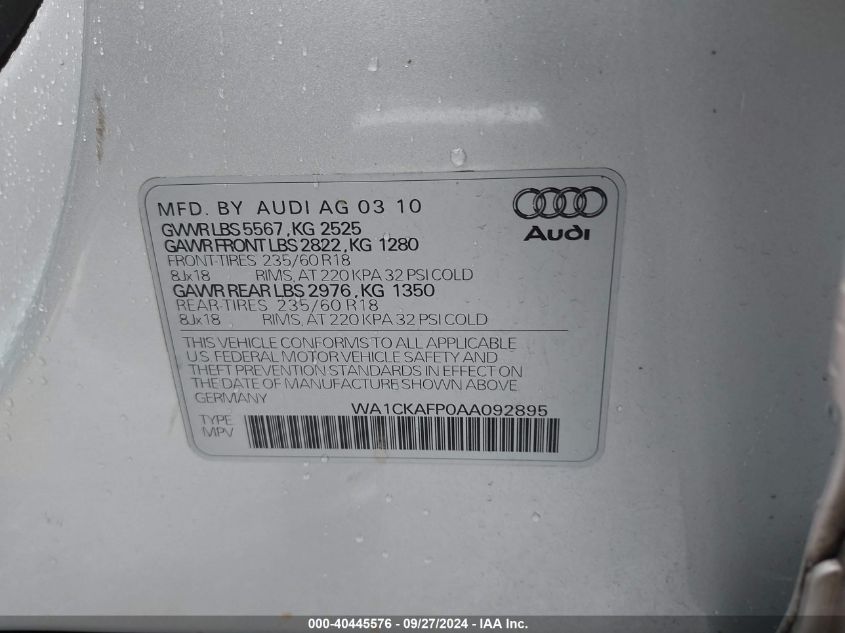 2010 Audi Q5 3.2 Premium VIN: WA1CKAFP0AA092895 Lot: 40445576