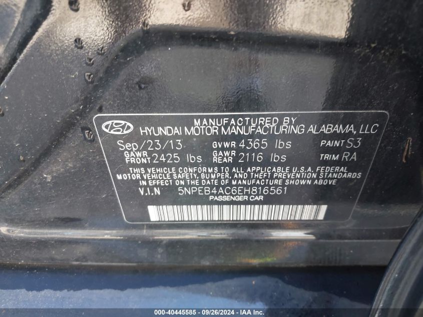 5NPEB4AC6EH816561 2014 Hyundai Sonata Gls