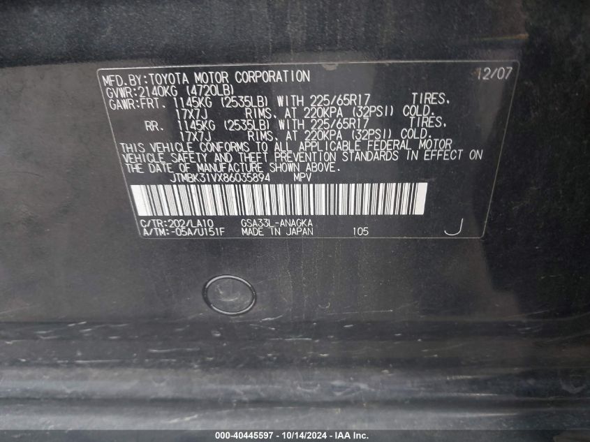 2008 Toyota Rav4 Limited VIN: JTMBK31VX86035894 Lot: 40445597