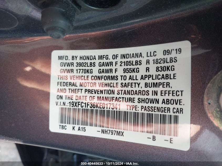 VIN 19XFC1F36KE017341 2019 HONDA CIVIC EX