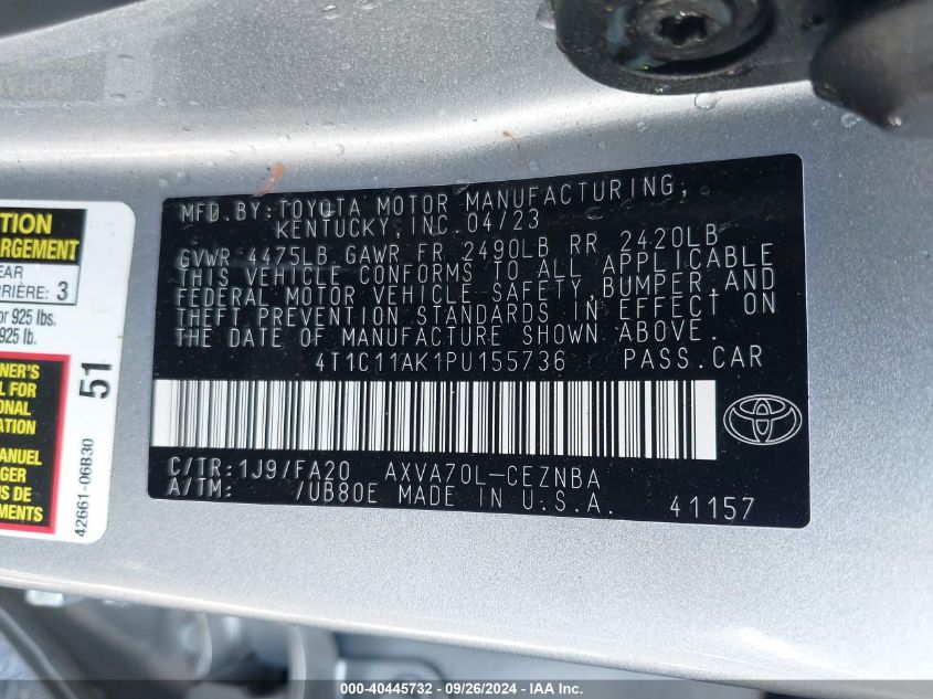 4T1C11AK1PU155736 2023 Toyota Camry Le