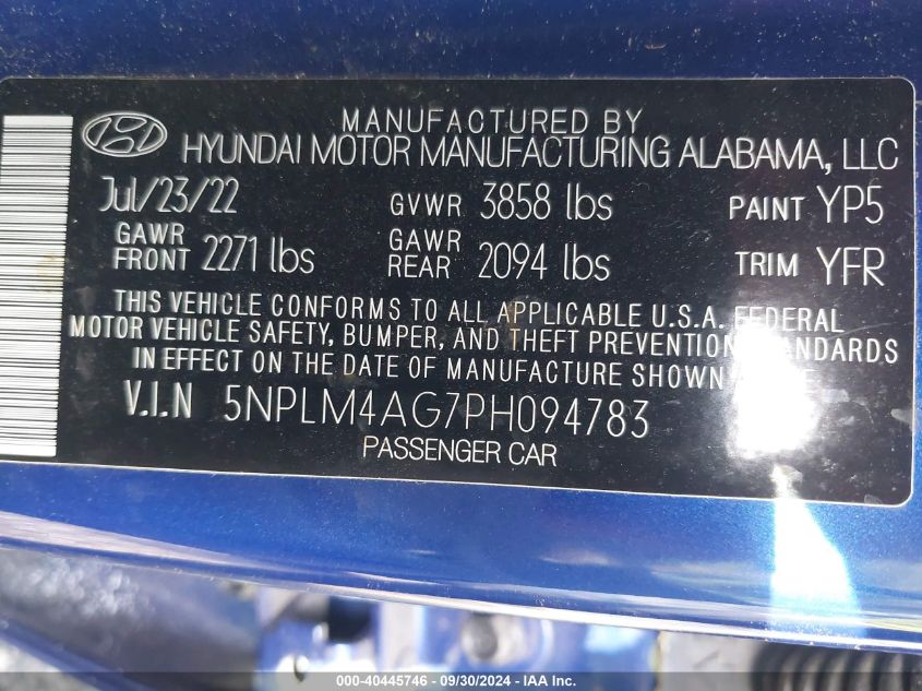 2023 Hyundai Elantra Sel VIN: 5NPLM4AG7PH094783 Lot: 40445746