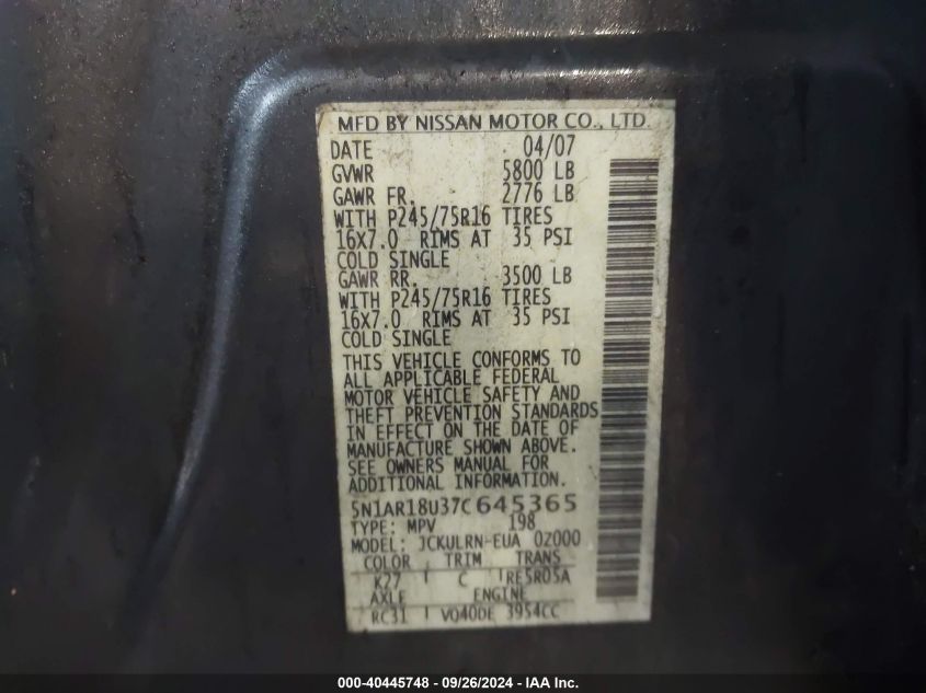 5N1AR18U37C645365 2007 Nissan Pathfinder S