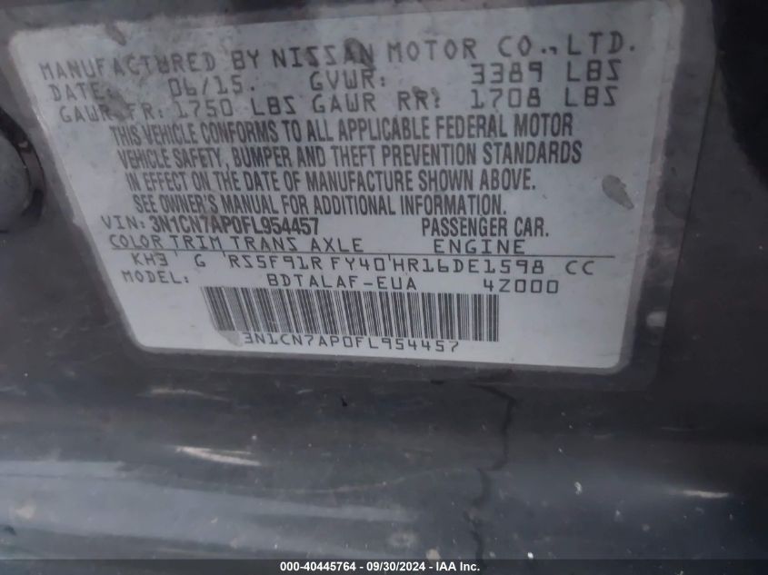 3N1CN7AP0FL954457 2015 Nissan Versa S/S Plus/Sv/Sl