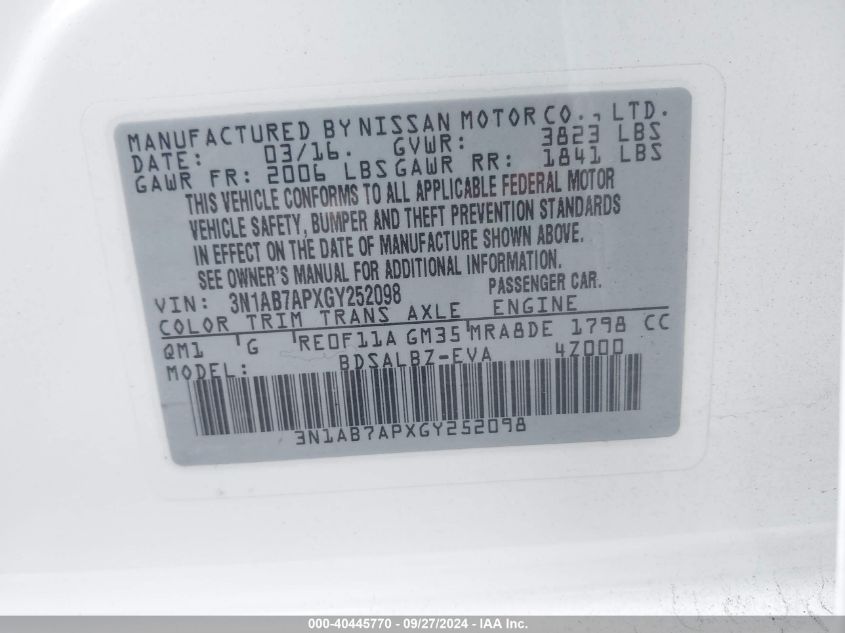 3N1AB7APXGY252098 2016 Nissan Sentra S