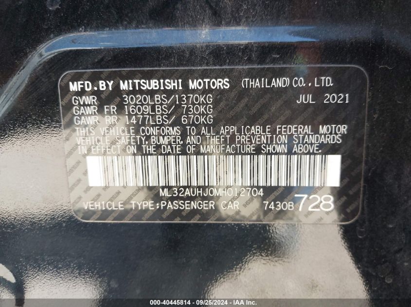 2021 Mitsubishi Mirage Carbonite Edition/Es/Le VIN: ML32AUHJ0MH012704 Lot: 40445814