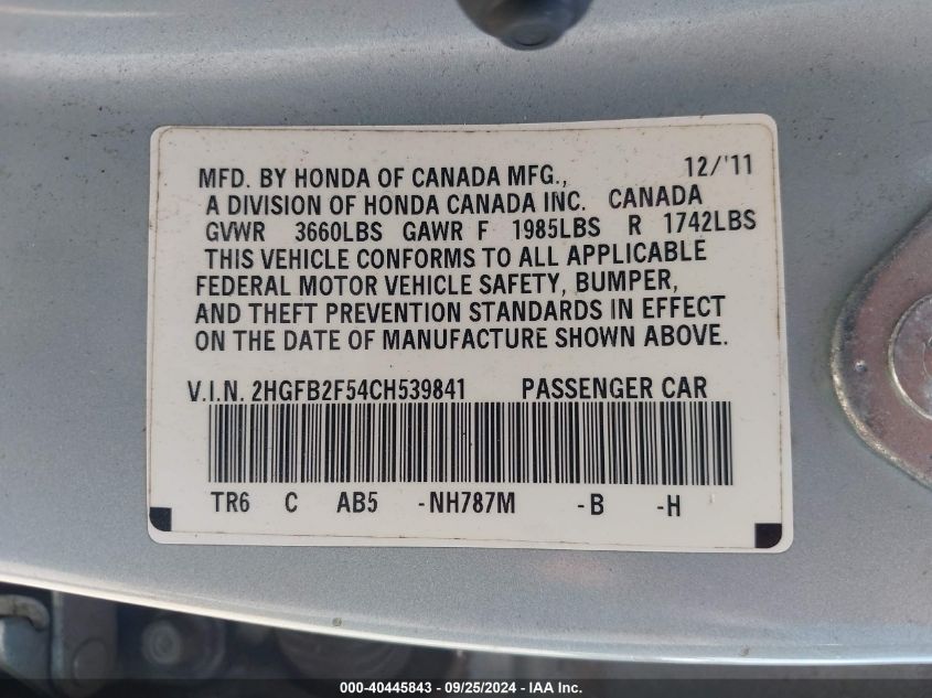 2HGFB2F54CH539841 2012 Honda Civic Lx