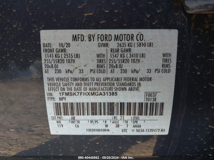 1FMSK7FHXMGA31385 2021 Ford Explorer Limited