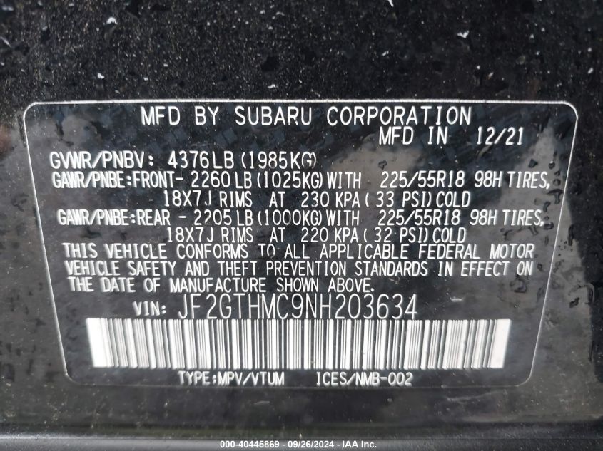 JF2GTHMC9NH203634 2022 Subaru Crosstrek Limited