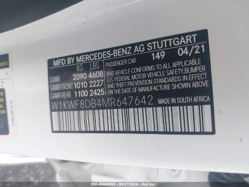 2021 Mercedes-Benz C 300 Sedan VIN: W1KWF8DB4MR647642 Lot: 40445893