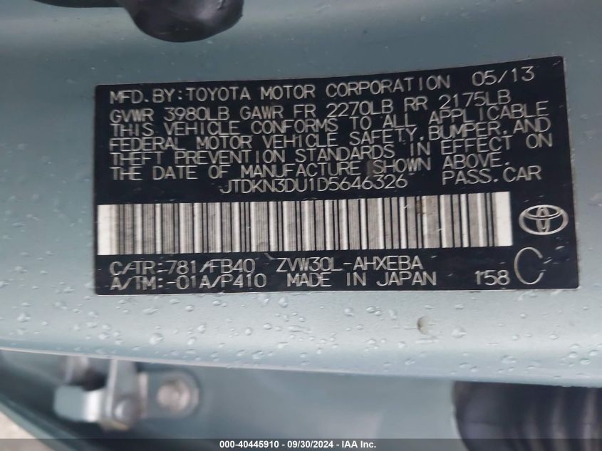 JTDKN3DU1D5646326 2013 Toyota Prius Three