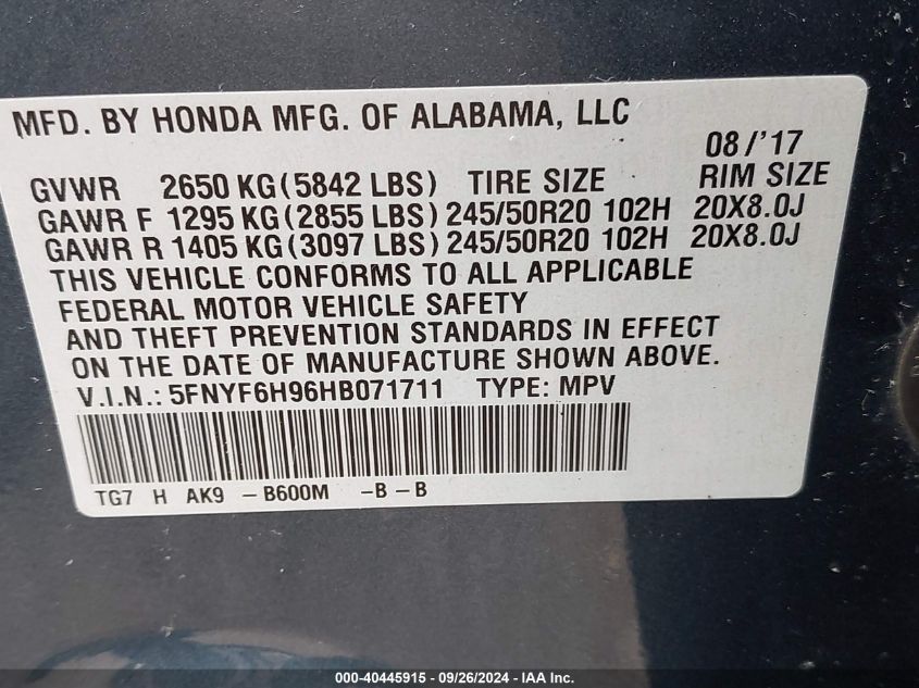 5FNYF6H96HB071711 2017 Honda Pilot Touring