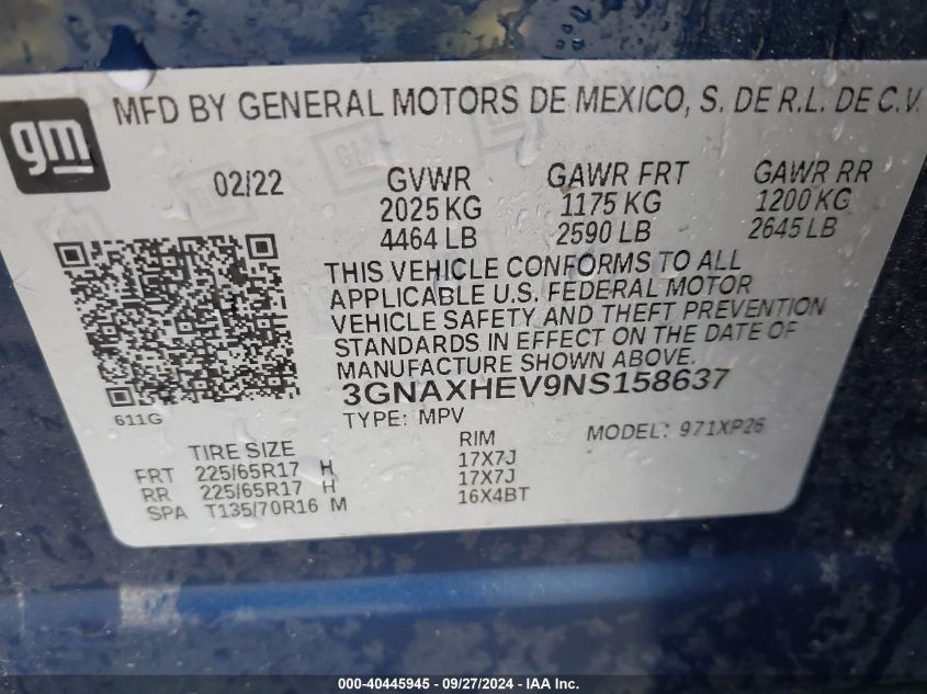 2022 Chevrolet Equinox Fwd Ls VIN: 3GNAXHEV9NS158637 Lot: 40445945